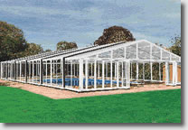 A telescopic swimming pool enclosure with concertina doors.